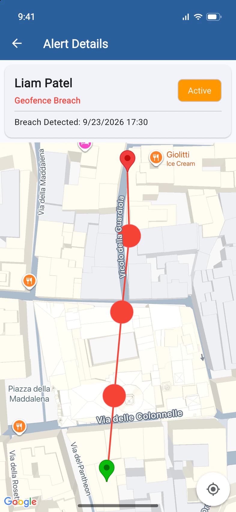 Alert Details: Liam Patel, Geofence Breach, Active, the time the breach was detected, and his path on a map from the edge of the area to a gelato shop