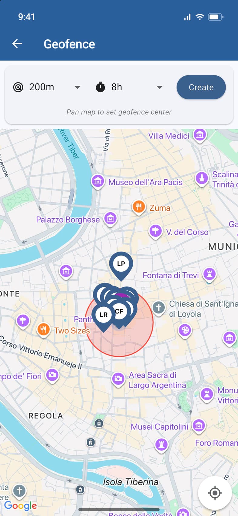 Geofence: 200 m and 8 hours chosen, the Create button, and a red circle on the map around the group at the Pantheon