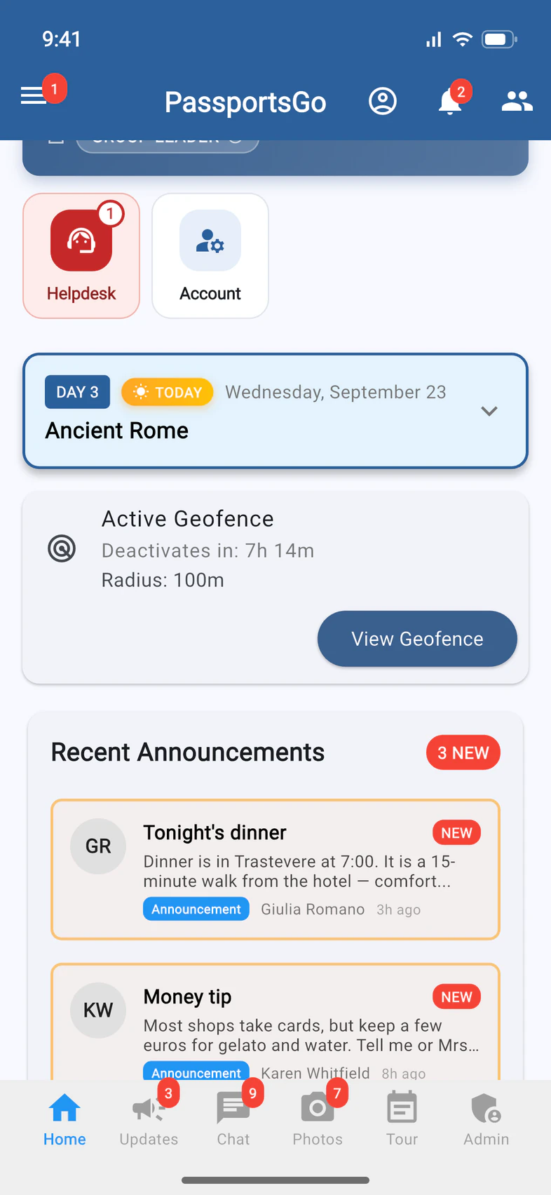 Home with 2 on the bell, and the Active Geofence card: deactivates in 7 hours 14 minutes, radius 100 m, View Geofence