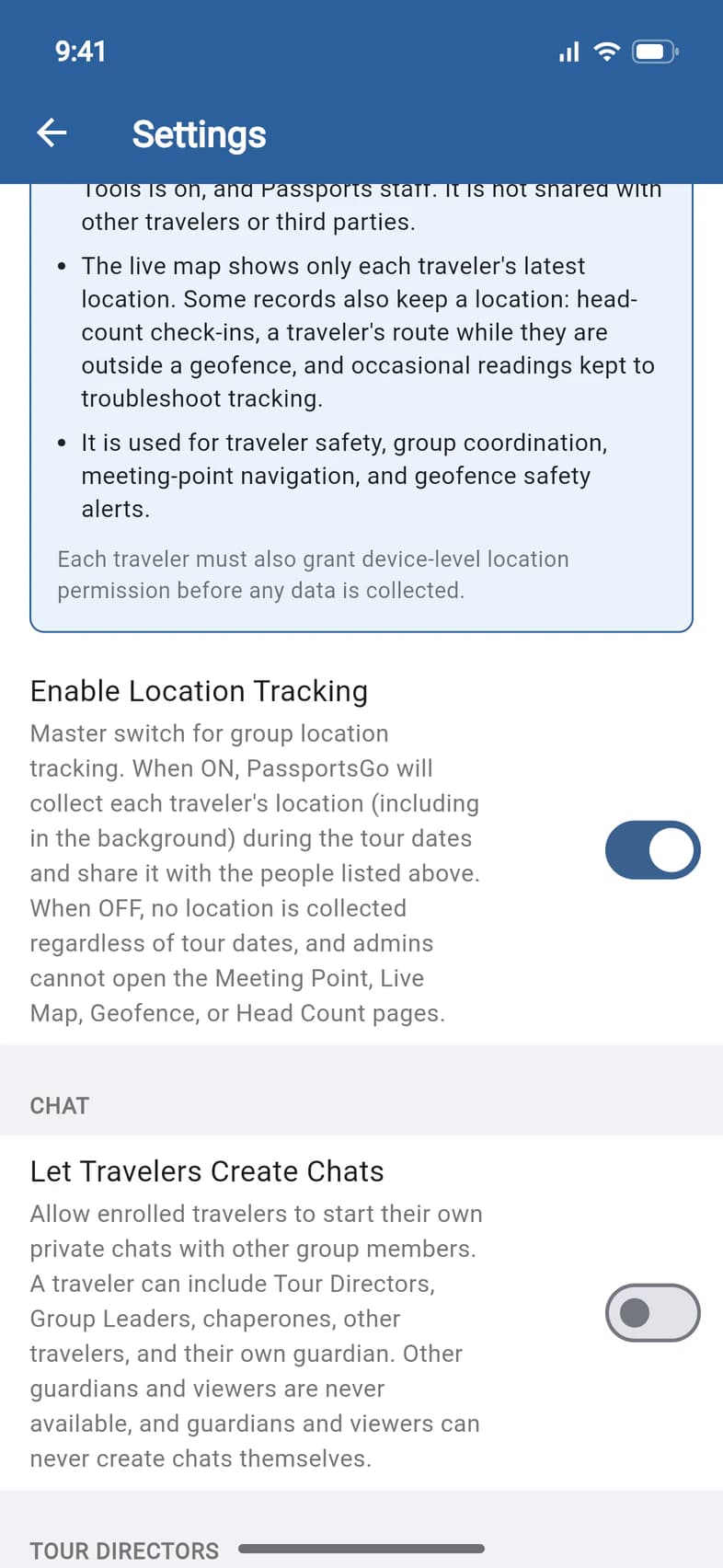 Let Travelers Create Chats, off, and the Tour Directors section below