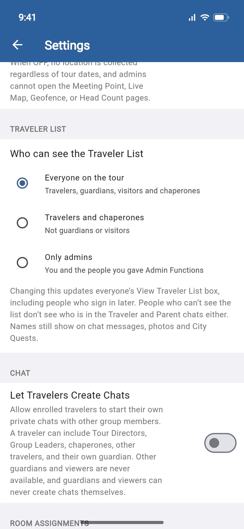 Traveler List: Who can see the Traveler List, with Everyone on the tour chosen (Travelers, guardians, visitors and chaperones), then Travelers and chaperones (Not guardians or visitors) and Only admins (You and the people you gave Admin Functions); below it, Chat