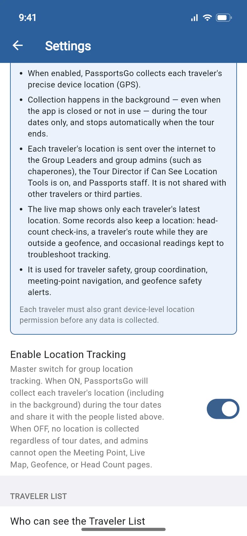 How PassportsGo Uses Location Data, and the Enable Location Tracking switch, on