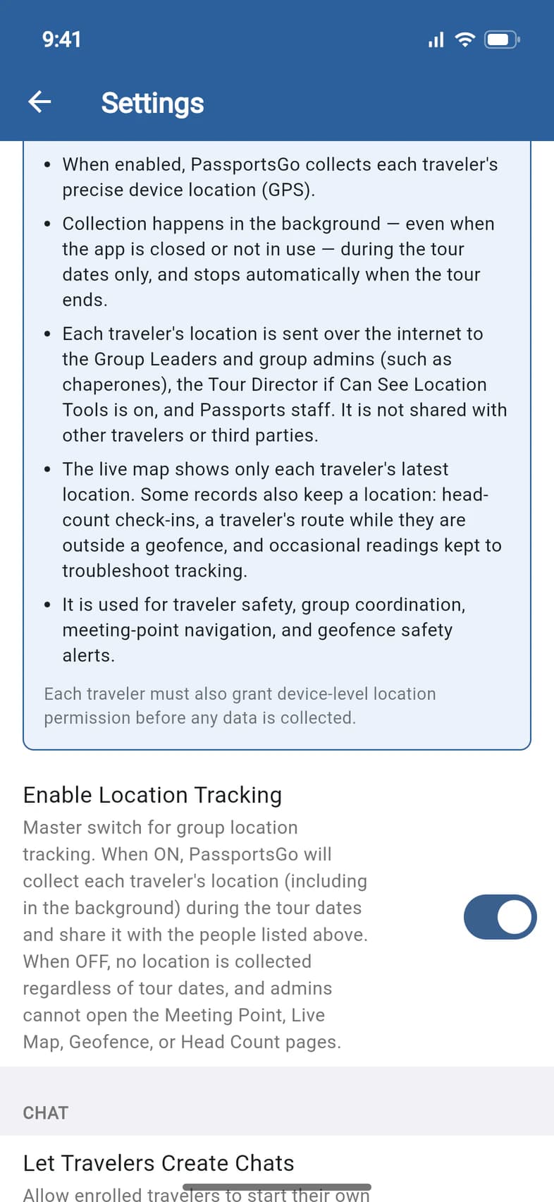 How PassportsGo Uses Location Data, and the Enable Location Tracking switch, on