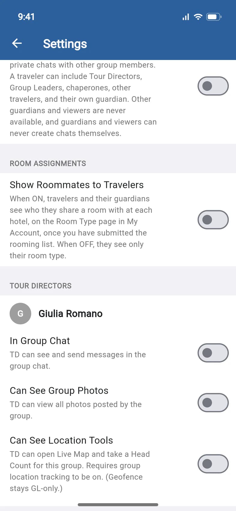 Room Assignments: Show Roommates to Travelers, off; below it Tour Directors, with Giulia Romano's In Group Chat, Can See Group Photos and Can See Location Tools switches
