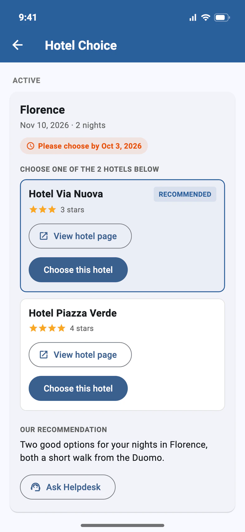 Hotel Choice for Florence, Nov 10, 2026, 2 nights, please choose by Oct 3, 2026: Hotel Via Nuova, recommended, and Hotel Piazza Verde, each with View hotel page and Choose this hotel; Our recommendation below