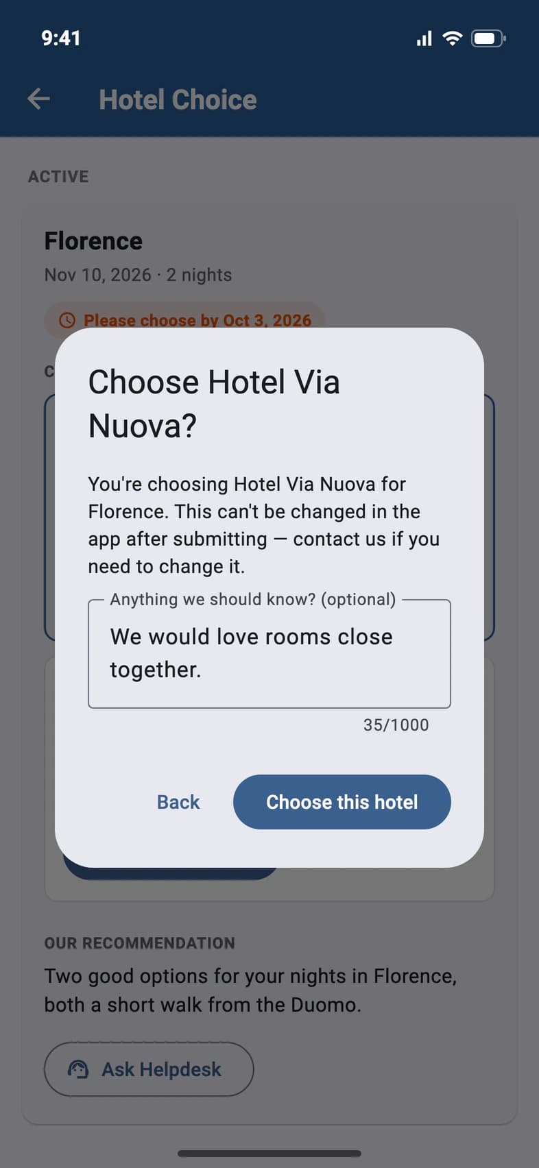 Choose Hotel Via Nuova? You're choosing Hotel Via Nuova for Florence; this can't be changed in the app after submitting. An optional note, then Back and Choose this hotel