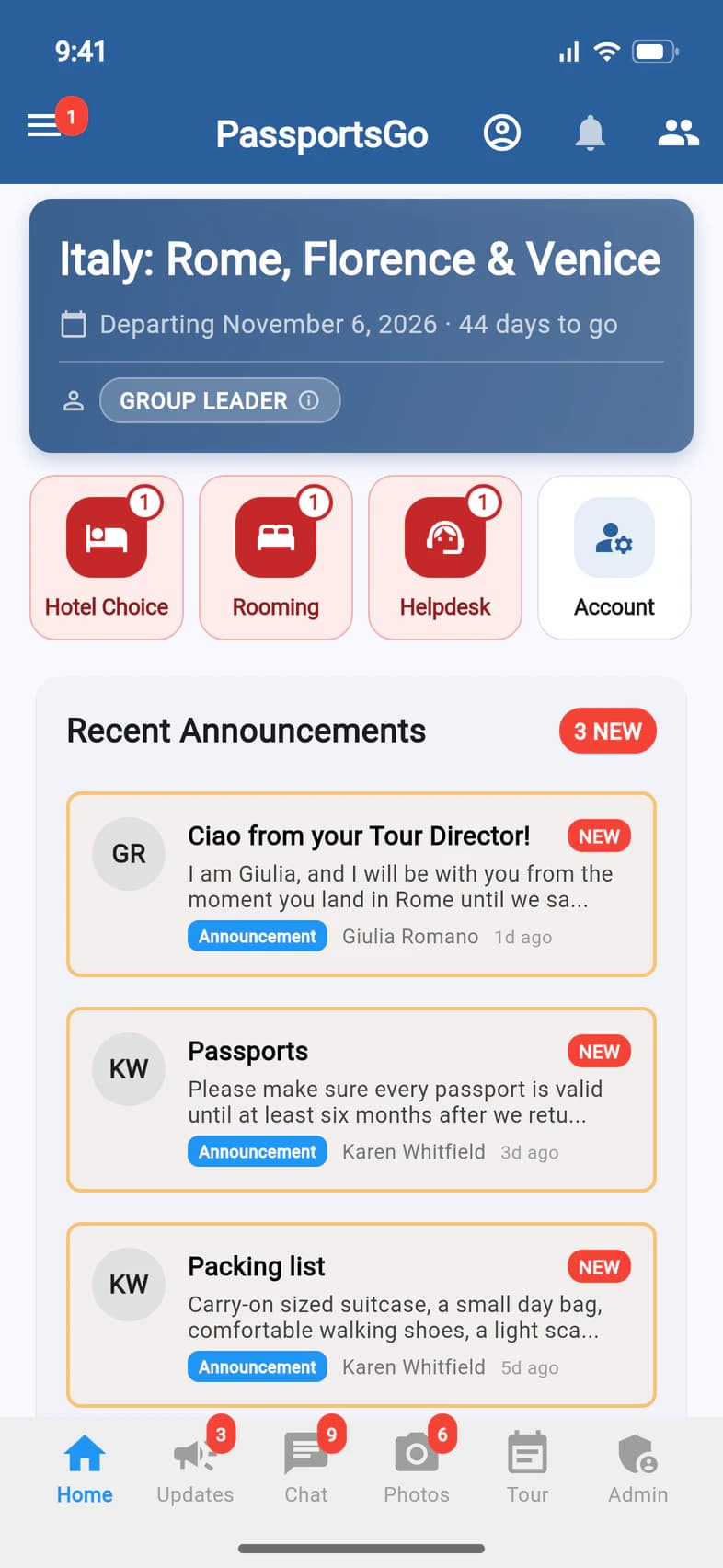 The PassportsGo Home screen before the tour, with a red Hotel Choice tile next to Rooming, Helpdesk and Account