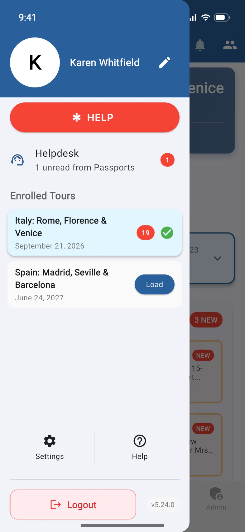 The group leader's menu with the red HELP button at the top