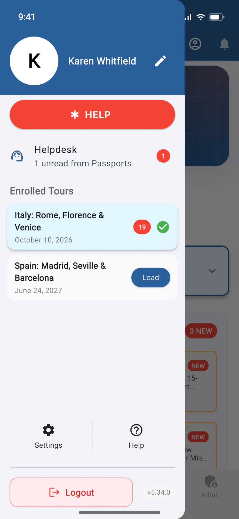 The group leader's menu with the red HELP button at the top