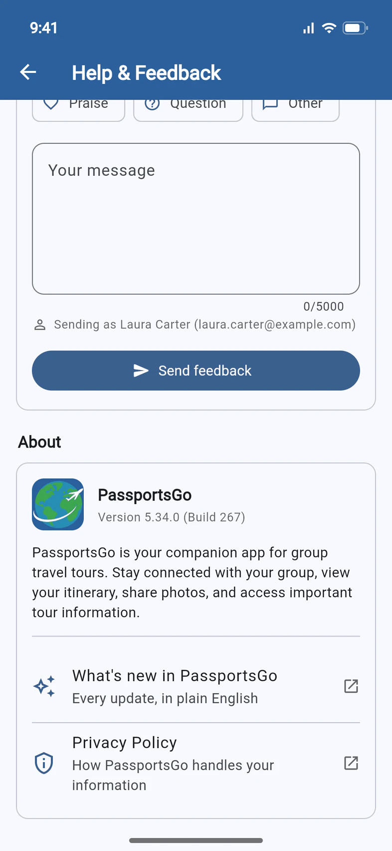 About: the PassportsGo app icon with the version and build number, a short description, then What's new in PassportsGo and Privacy Policy, each opening in your browser