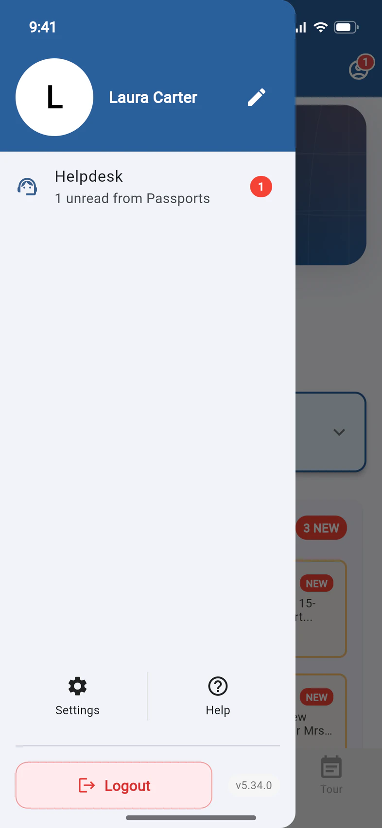 The menu for a parent: Laura Carter, Helpdesk, and Settings and Help side by side at the bottom