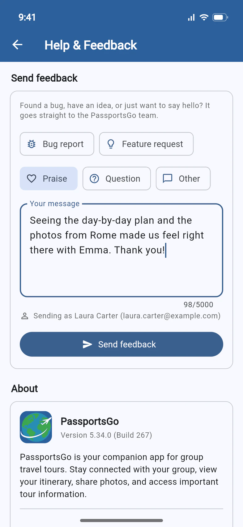 Send feedback: Praise picked, a thank-you message about the day-by-day plan and the photos from Rome, Sending as Laura Carter, and a Send feedback button