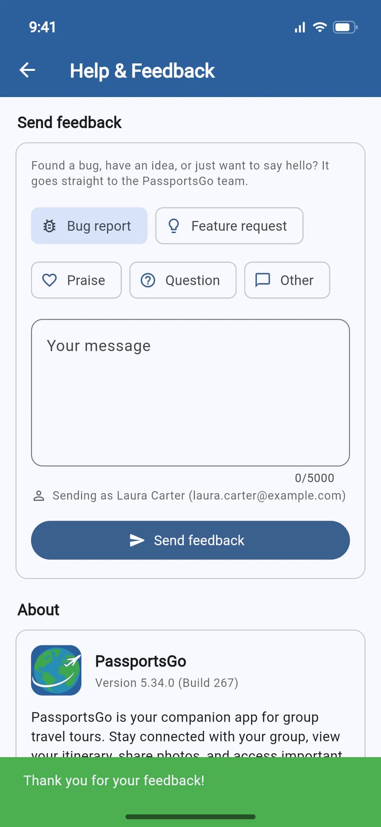 Right after sending: the form is empty again and a green Thank you for your feedback! message shows at the bottom