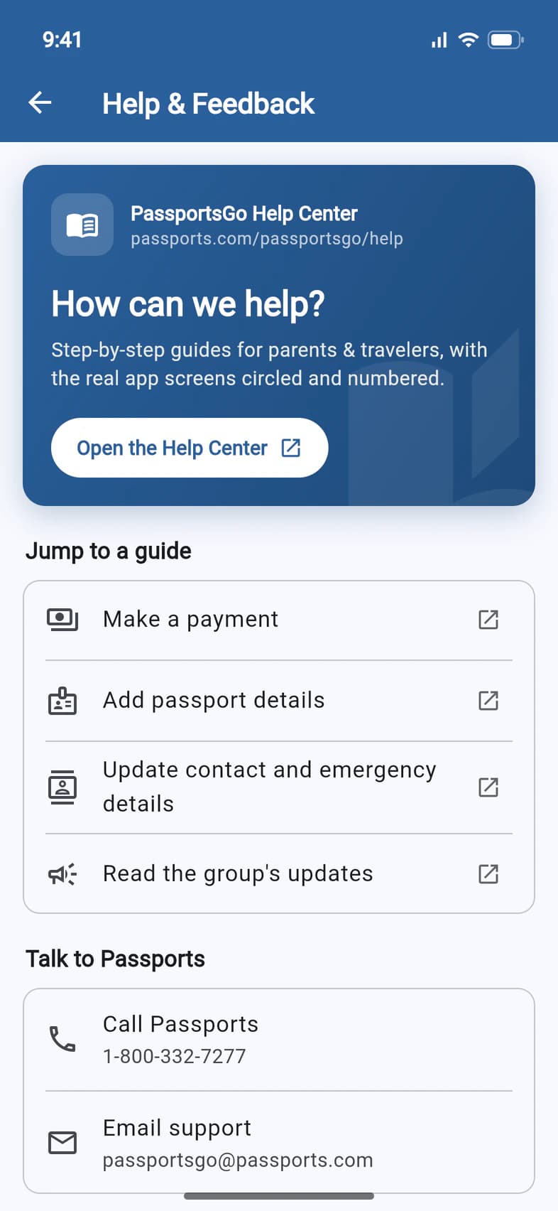 Help & Feedback: the blue PassportsGo Help Center card with an Open the Help Center button, then Jump to a guide with four guides for parents and travelers
