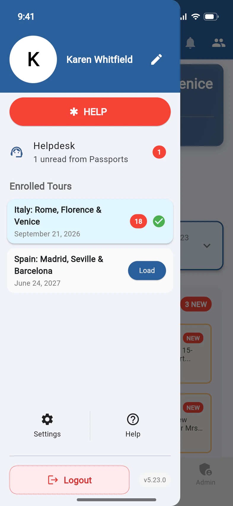 The open menu: Karen Whitfield with an edit pencil, a red HELP button, Helpdesk with 1 unread from Passports, Settings, Help and Logout