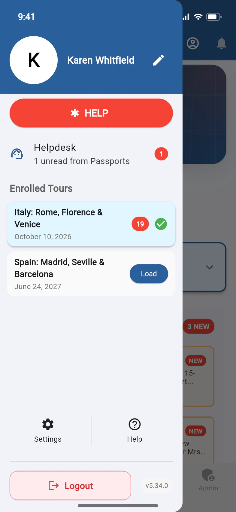 The menu: Enrolled Tours with Italy: Rome, Florence & Venice (current, 19 new) and Spain: Madrid, Seville & Barcelona with a Load button