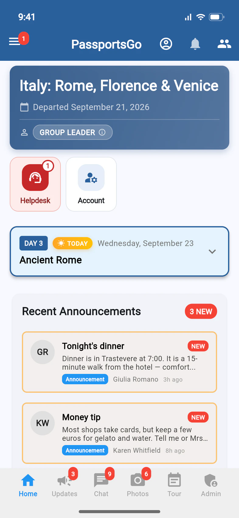 Home on day 3 of the tour: the Italy: Rome, Florence & Venice card with Group Leader, a red Helpdesk tile and an Account tile, the Day 3 Ancient Rome card, and recent announcements