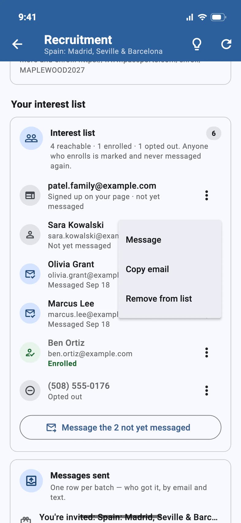 The interest list with Sara Kowalski's menu open: Message, Copy email and Remove from list