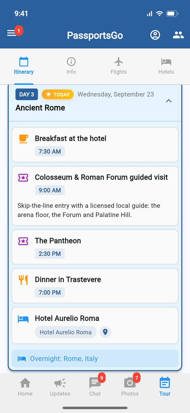 Day 3, Ancient Rome: breakfast, the Colosseum and Roman Forum guided visit, the Pantheon, dinner in Trastevere, and the hotel