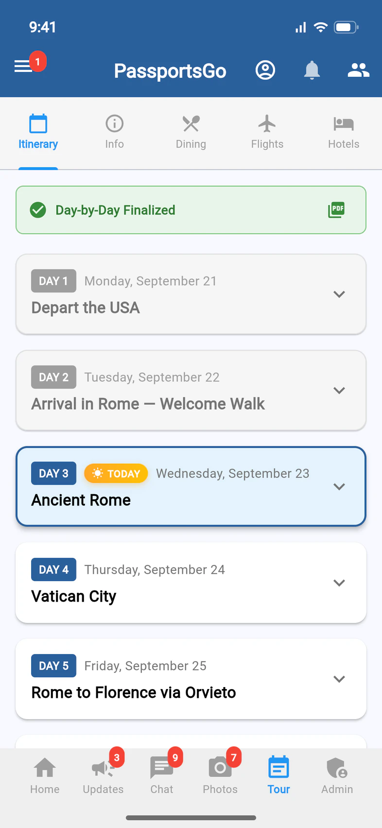 The Tour tab for a group leader: Itinerary, Info, Dining, Flights and Hotels; Day-by-Day Finalized with a PDF icon; and the days, with Day 3 marked TODAY