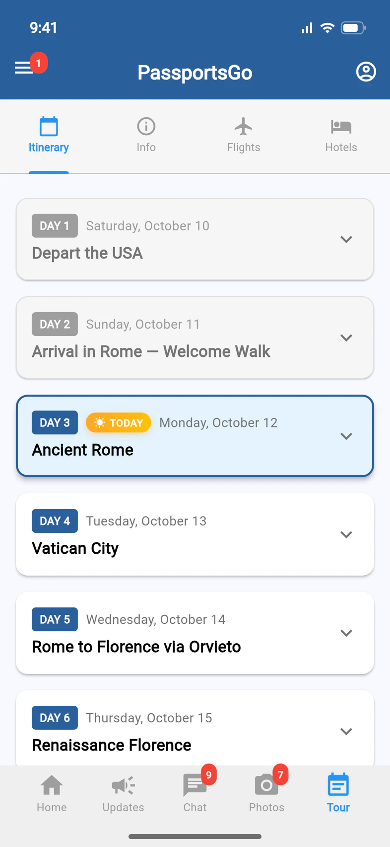 The Tour tab: Itinerary, Info, Flights and Hotels, with Day 1 to Day 6 listed and Day 3, Ancient Rome, marked TODAY