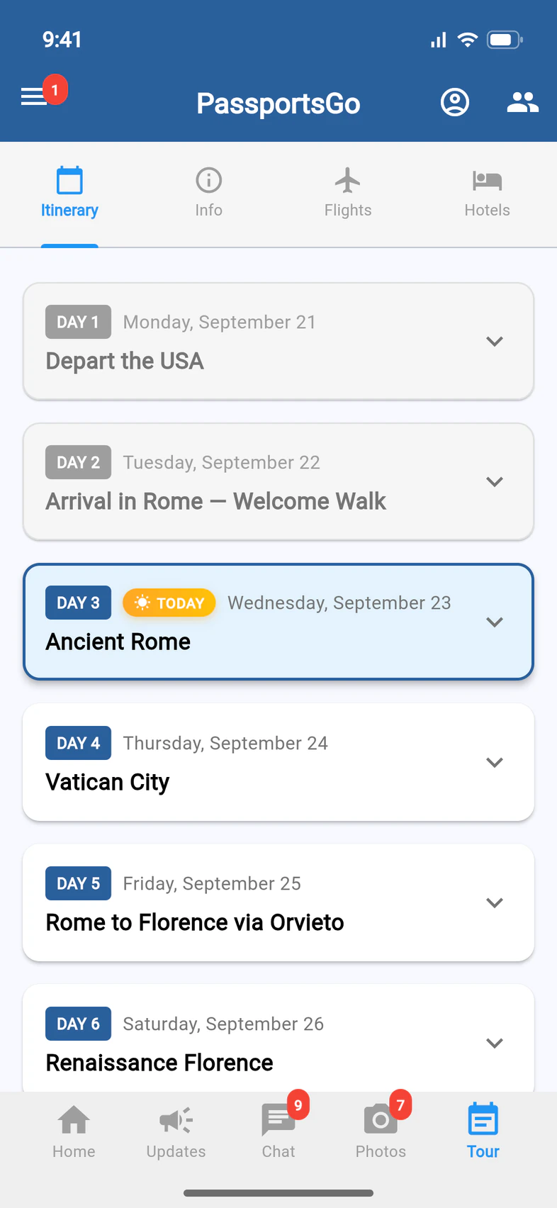 The Tour tab: Itinerary, Info, Flights and Hotels, with Day 1 to Day 6 listed and Day 3, Ancient Rome, marked TODAY