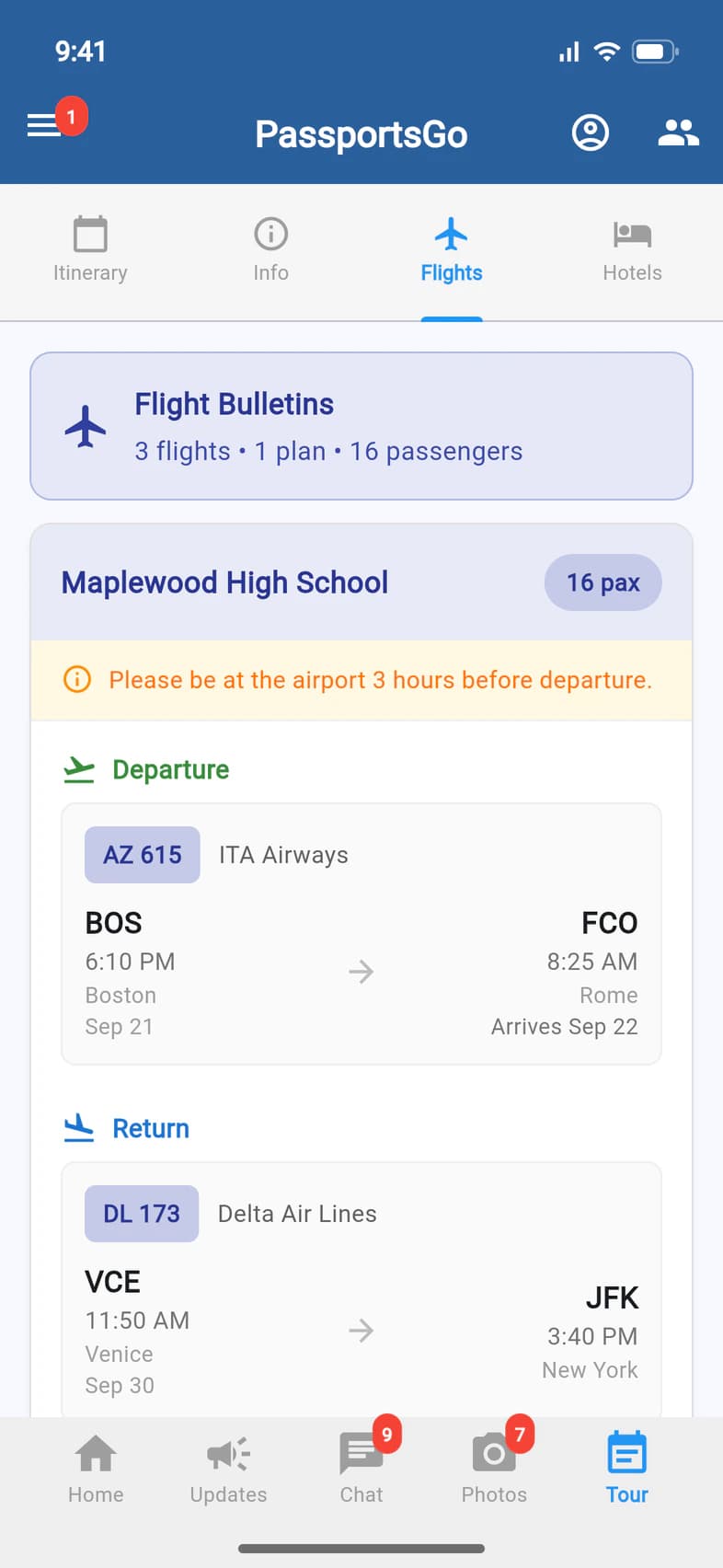 Flights: the group's flight plan with the departure from Boston to Rome and the return from Venice via New York