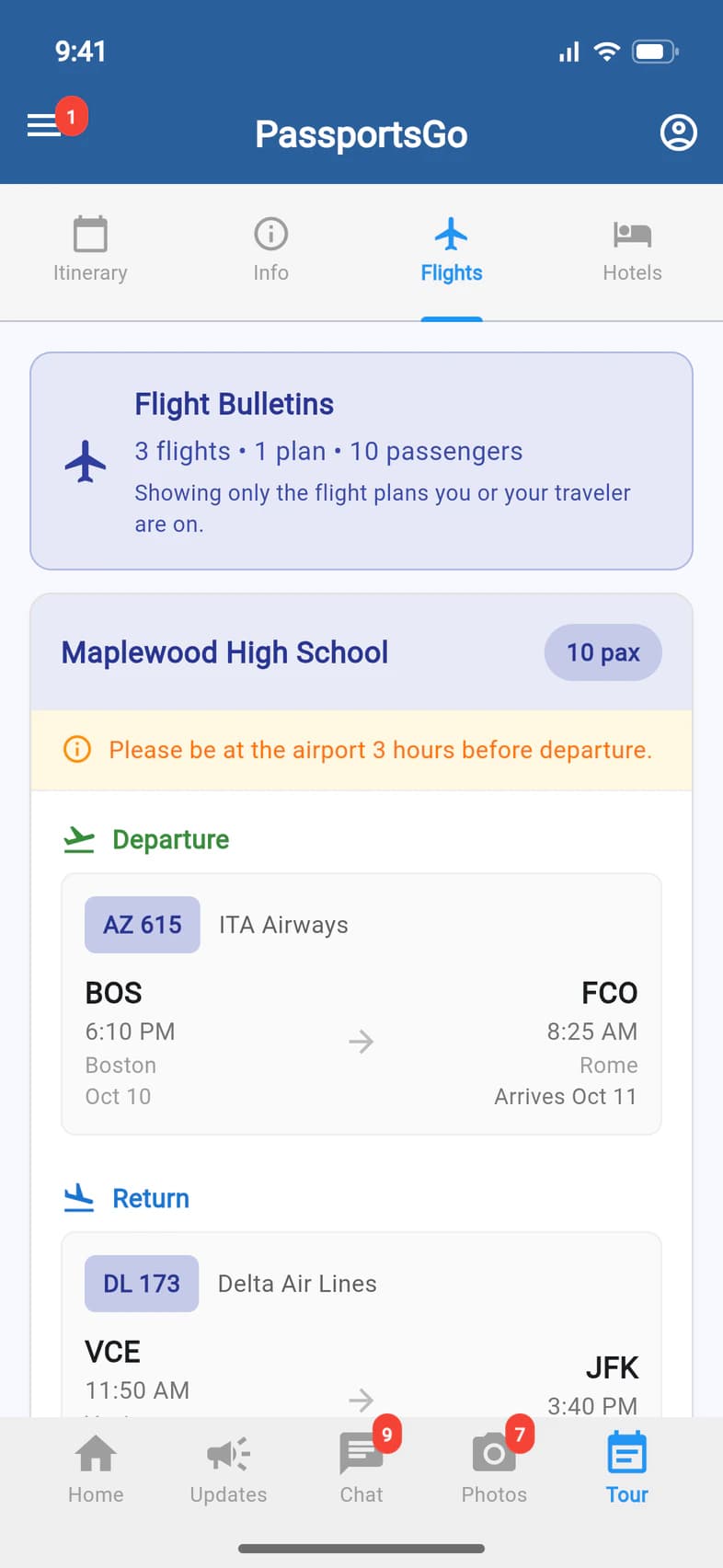 Flights: Flight Bulletins, Showing only the flight plans you or your traveler are on; the Maplewood High School flight plan, 10 passengers, with a note to be at the airport 3 hours early, the departure from Boston to Rome and the return from Venice to New York