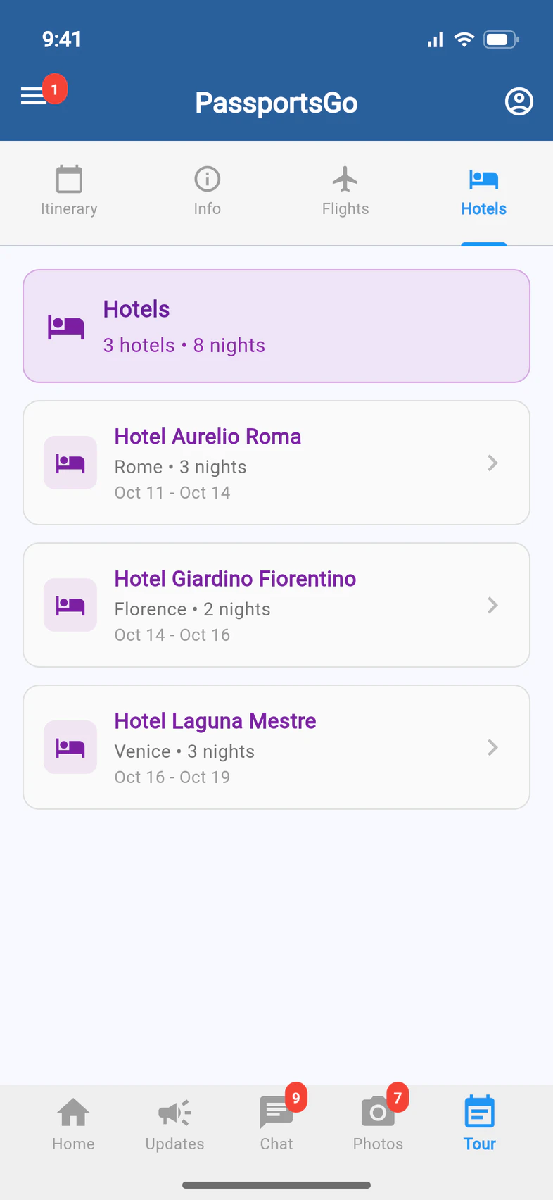 Hotels: 3 hotels, 8 nights: Hotel Aurelio Roma in Rome for 3 nights, Hotel Giardino Fiorentino in Florence for 2, and Hotel Laguna Mestre in Venice for 3