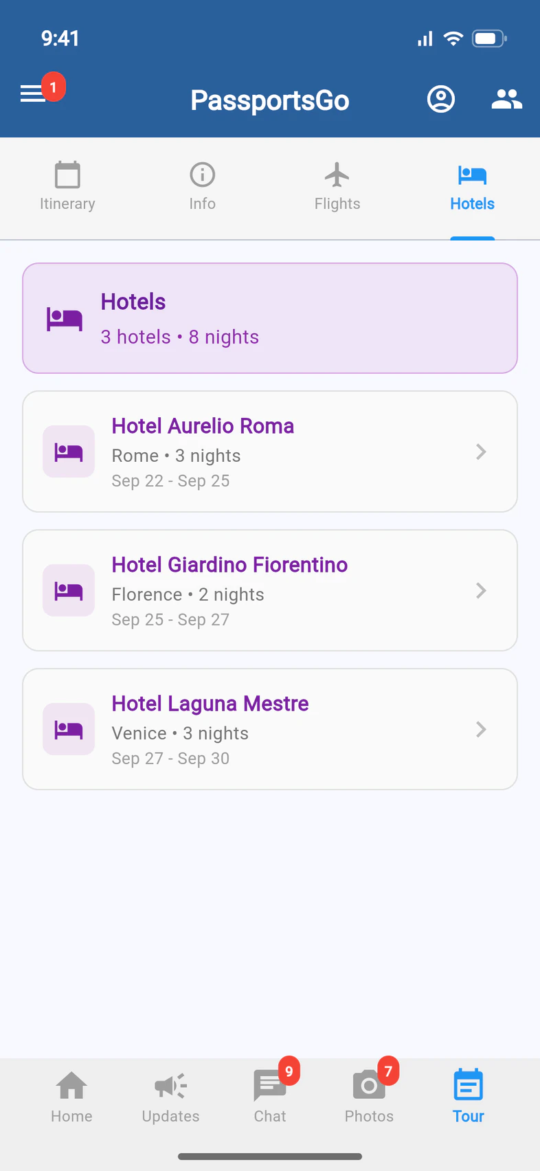 Hotels: 3 hotels, 8 nights: Hotel Aurelio Roma in Rome for 3 nights, Hotel Giardino Fiorentino in Florence for 2, and Hotel Laguna Mestre in Venice for 3