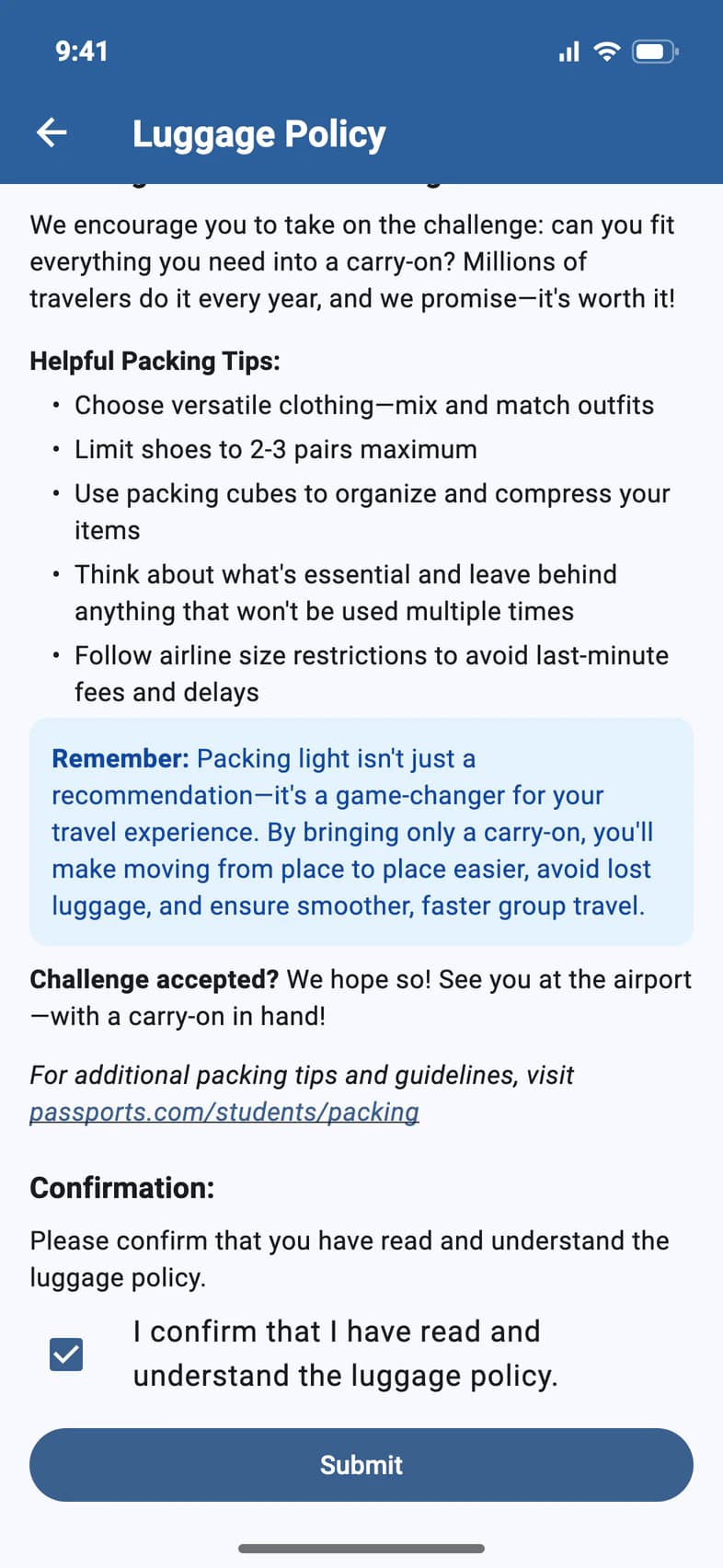 The bottom of the luggage policy: Confirmation, with I confirm that I have read and understand the luggage policy ticked, and Submit