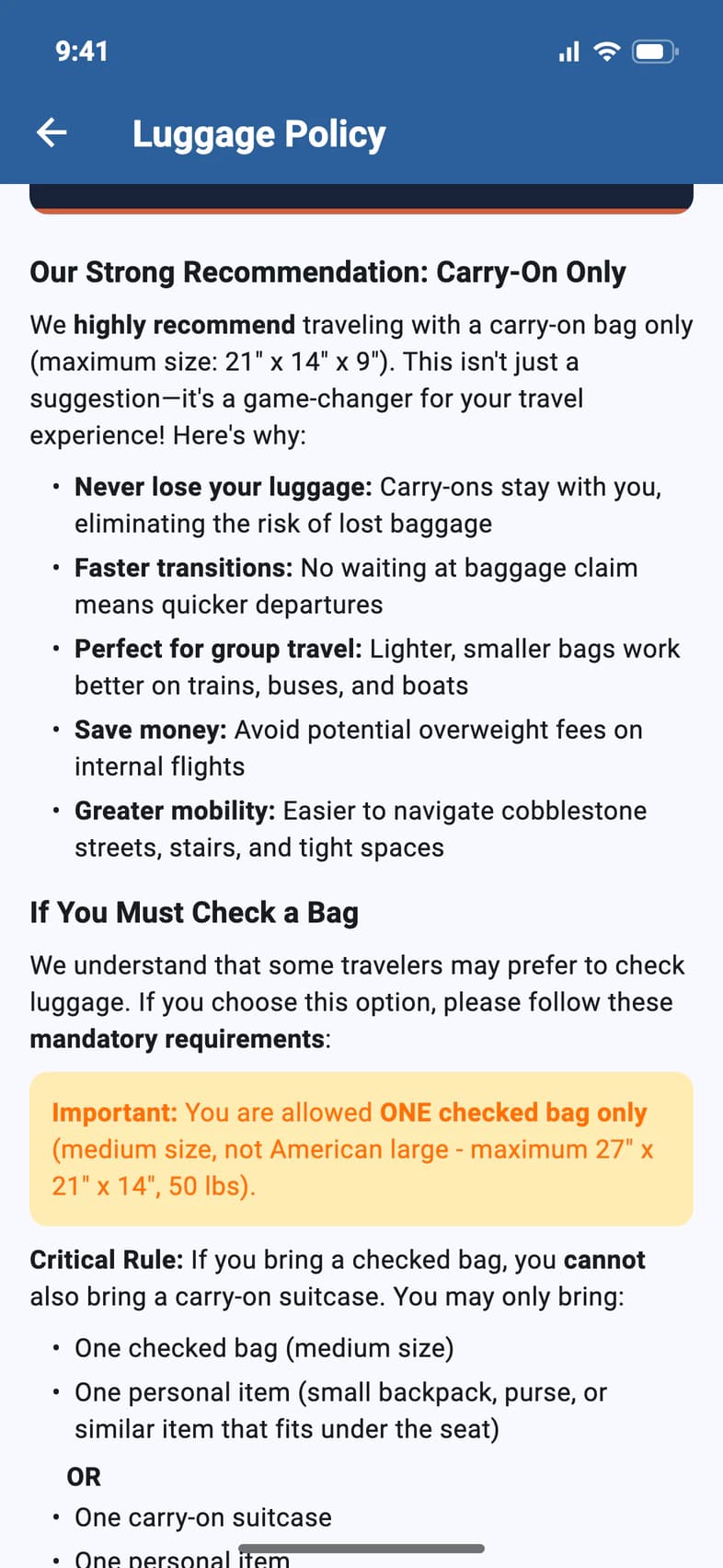 The luggage policy: Our Strong Recommendation: Carry-On Only, with the reasons, then If You Must Check a Bag, one checked bag only, and what else you may bring