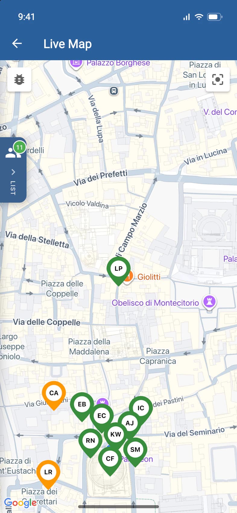 The map centered on Liam Patel's pin by the gelato shop, with the rest of the group further south