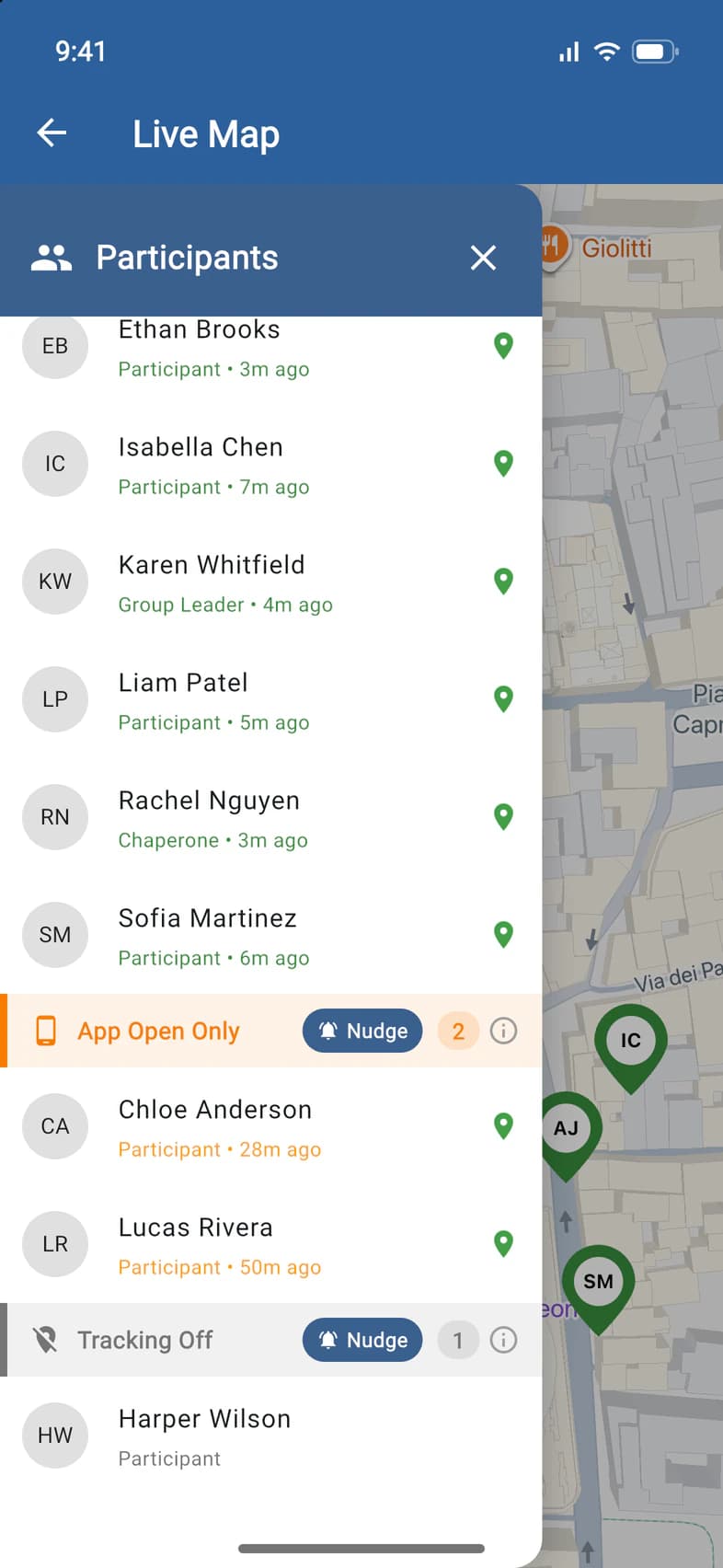The list further down: App Open Only with Chloe Anderson 28 minutes ago and Lucas Rivera 50 minutes ago, Tracking Off with Harper Wilson, each with a Nudge button