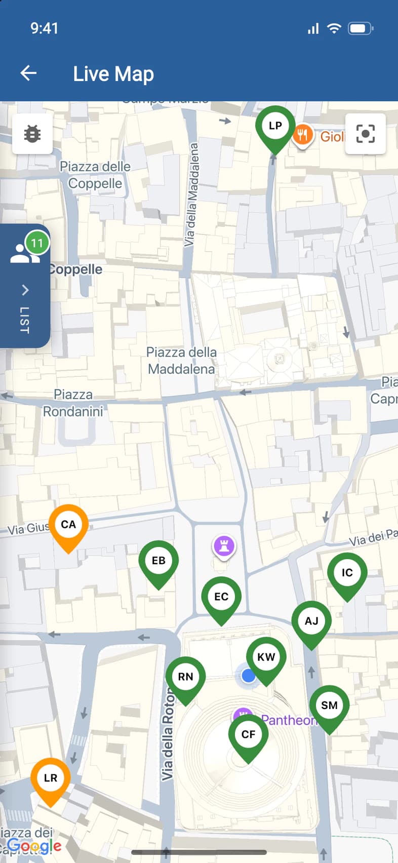 Live Map: pins with initials around the Pantheon, one at a gelato shop to the north, and the LIST handle on the left with 11 people