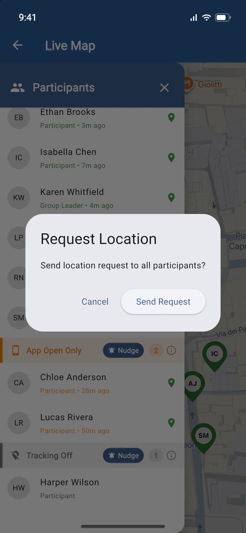 Request Location: Send location request to all participants? Cancel, Send Request