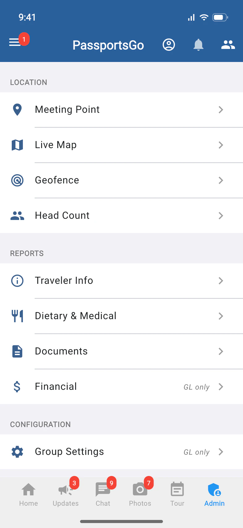 The Admin tab: Location tools Meeting Point, Live Map, Geofence and Head Count