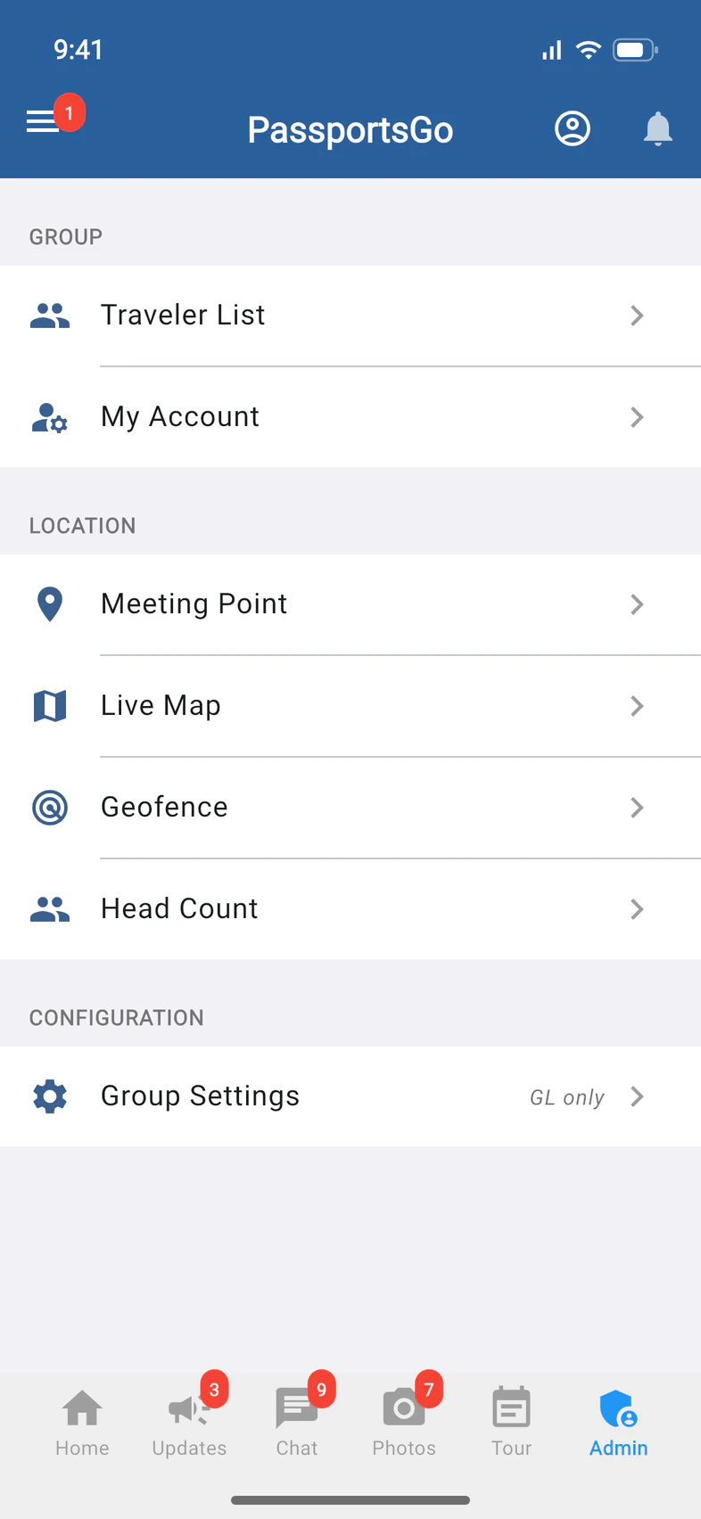 The Admin tab: Traveler List and My Account under Group, then the Location tools Meeting Point, Live Map, Geofence and Head Count