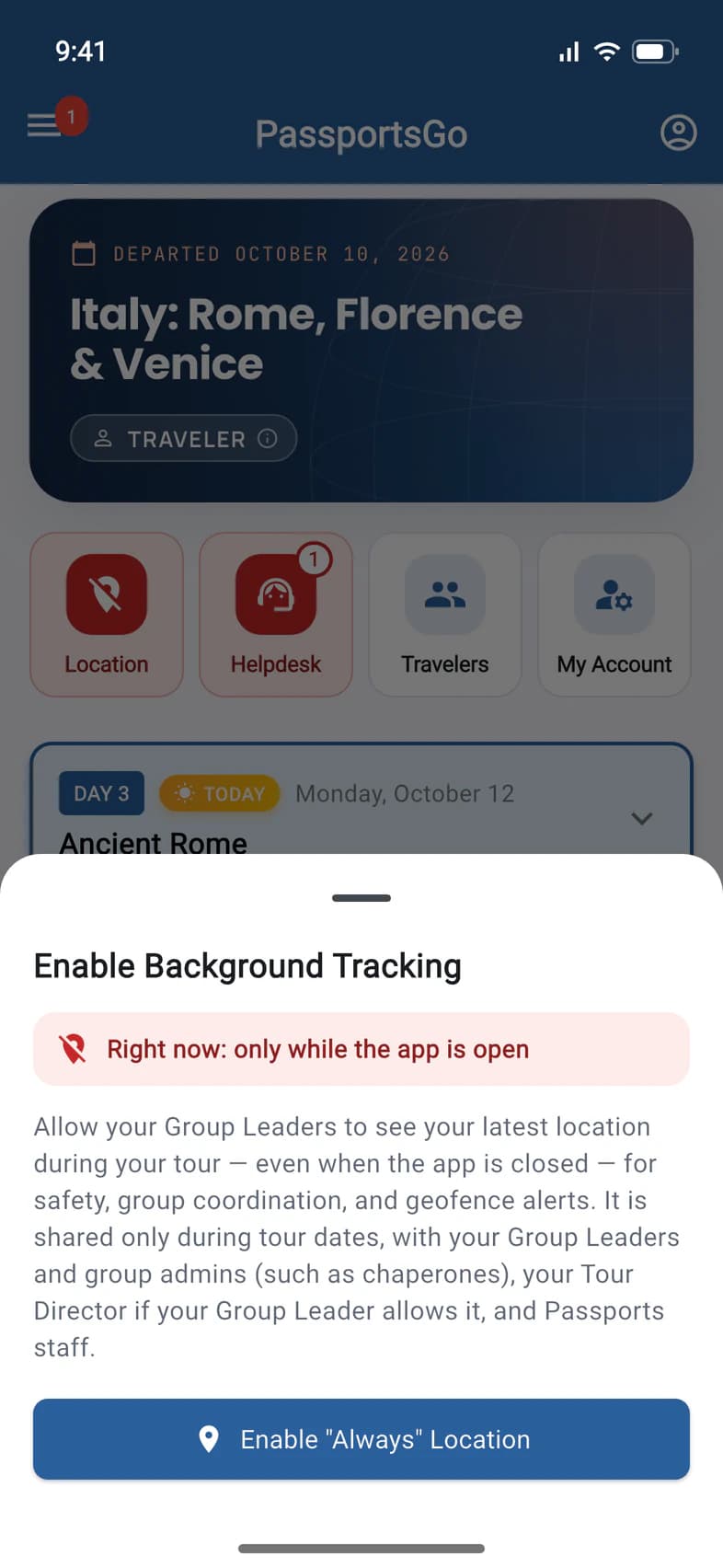 Enable Background Tracking: Right now only while the app is open, who sees the location, and the Enable "Always" Location button