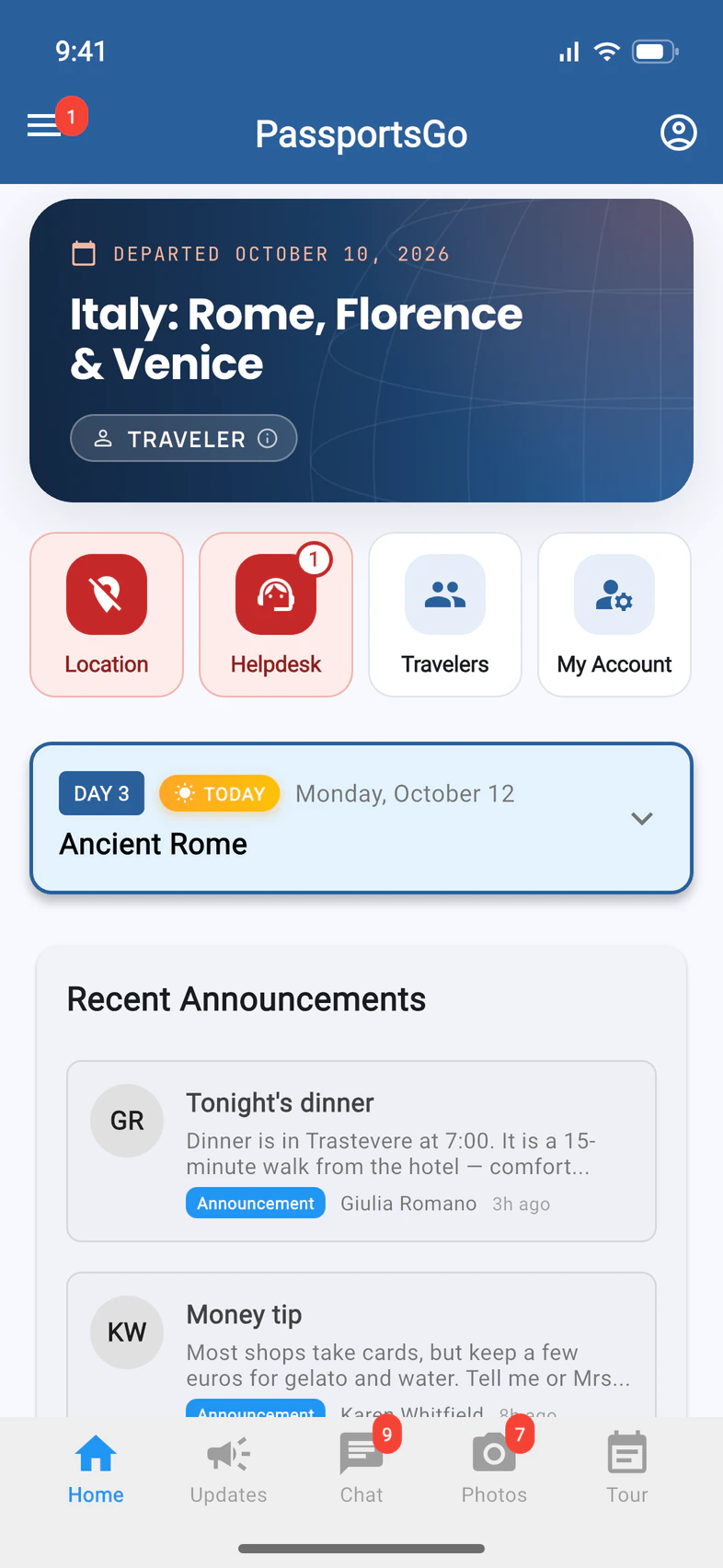 Emma's Home with a red Location tile next to Helpdesk, Travelers and My Account