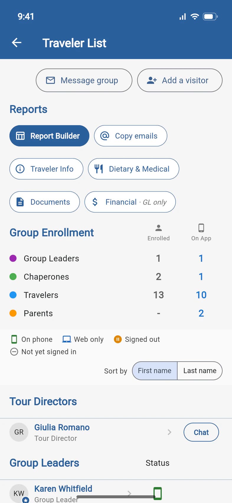The Traveler List with the Message group and Add a visitor buttons at the top, above the Reports row