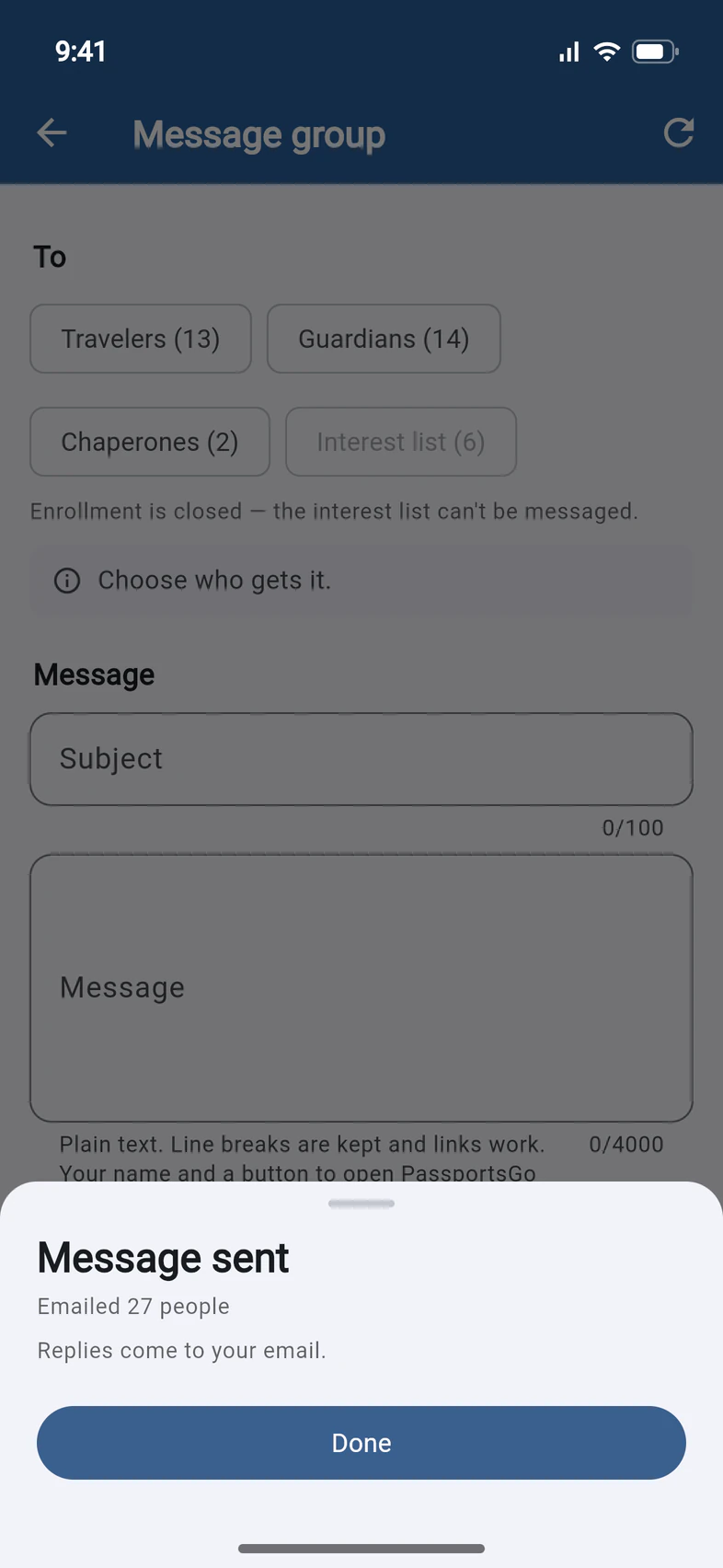 The Message sent sheet: Emailed 27 people, Replies come to your email, and a Done button