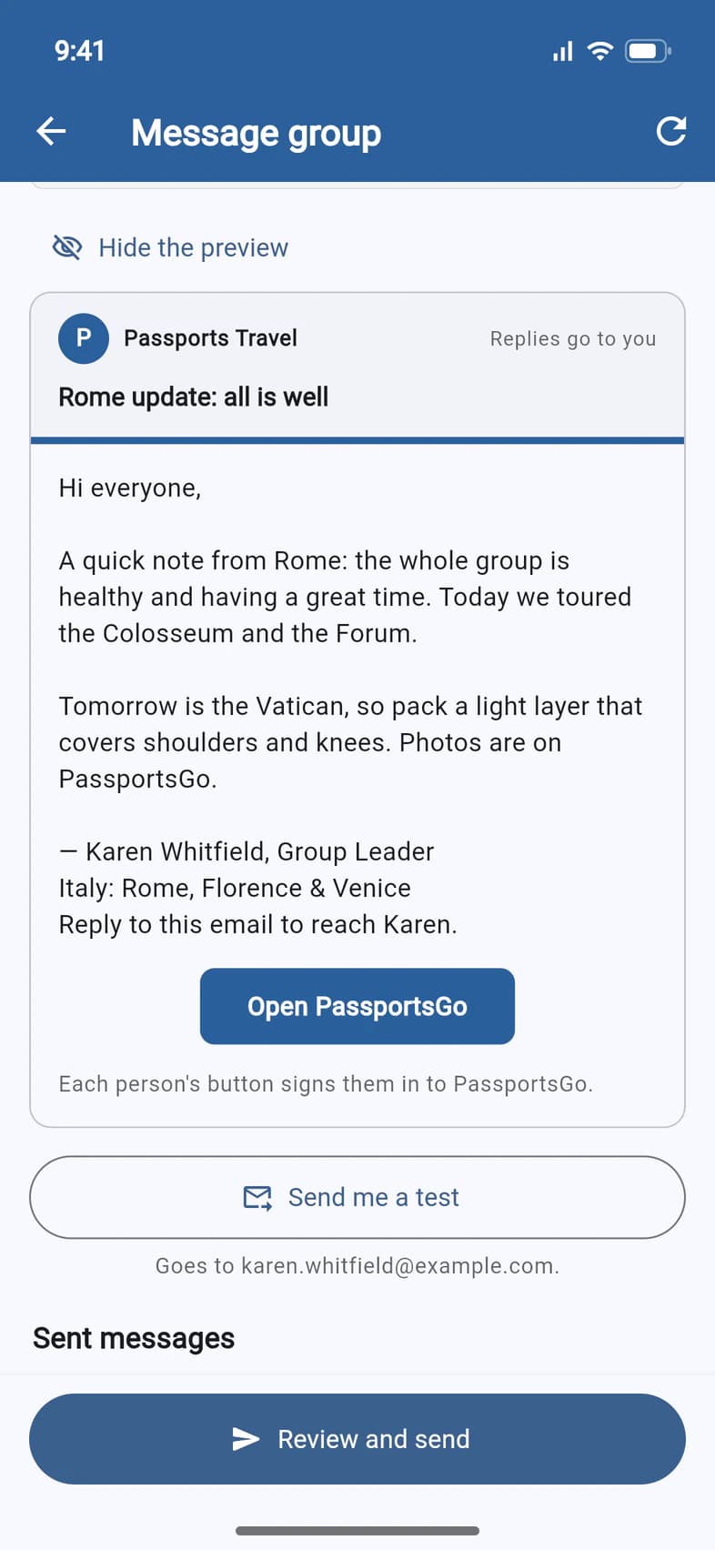 The email preview: from Passports Travel, subject Rome update: all is well, the message, signed Karen Whitfield, Group Leader, with an Open PassportsGo button, and a Send me a test button below