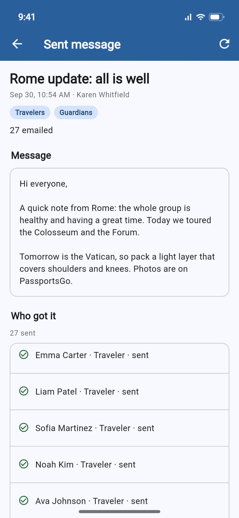 The Sent message page for Rome update: all is well: sent to Travelers and Guardians, 27 emailed, the message, and Who got it: 27 sent, starting with Emma Carter, Traveler, sent