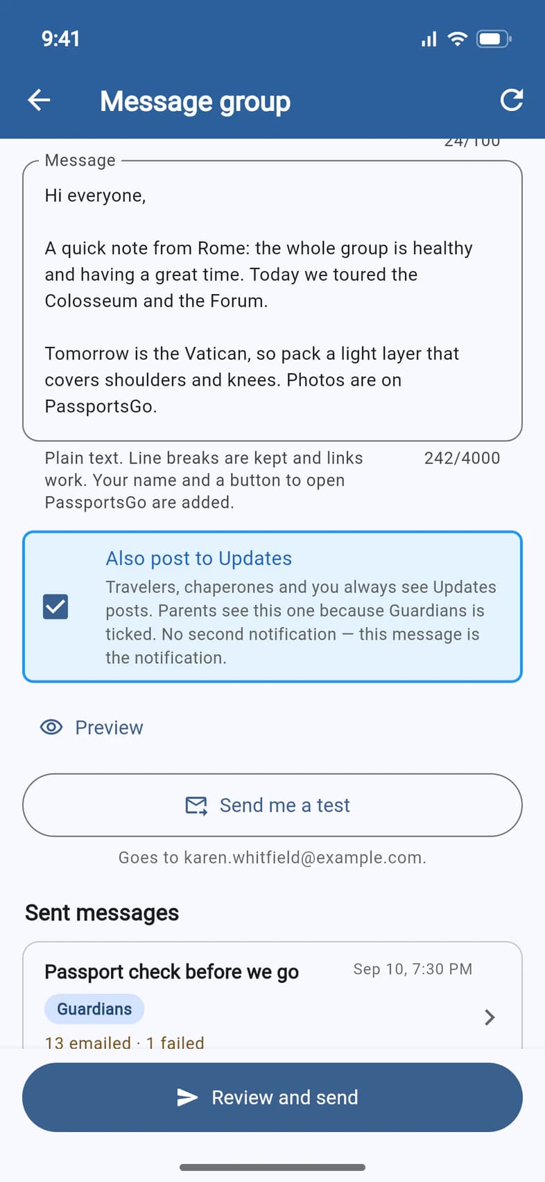 The Also post to Updates box ticked, with its note: travelers, chaperones and you always see Updates posts; parents see this one because Guardians is ticked; no second notification