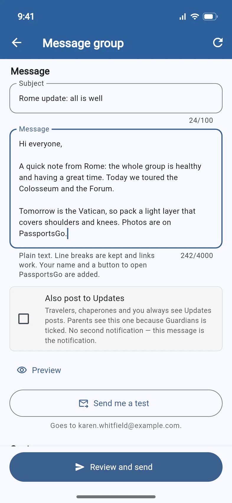 The Subject “Rome update: all is well” and a short message from Rome about tomorrow's Vatican visit, typed into Message group