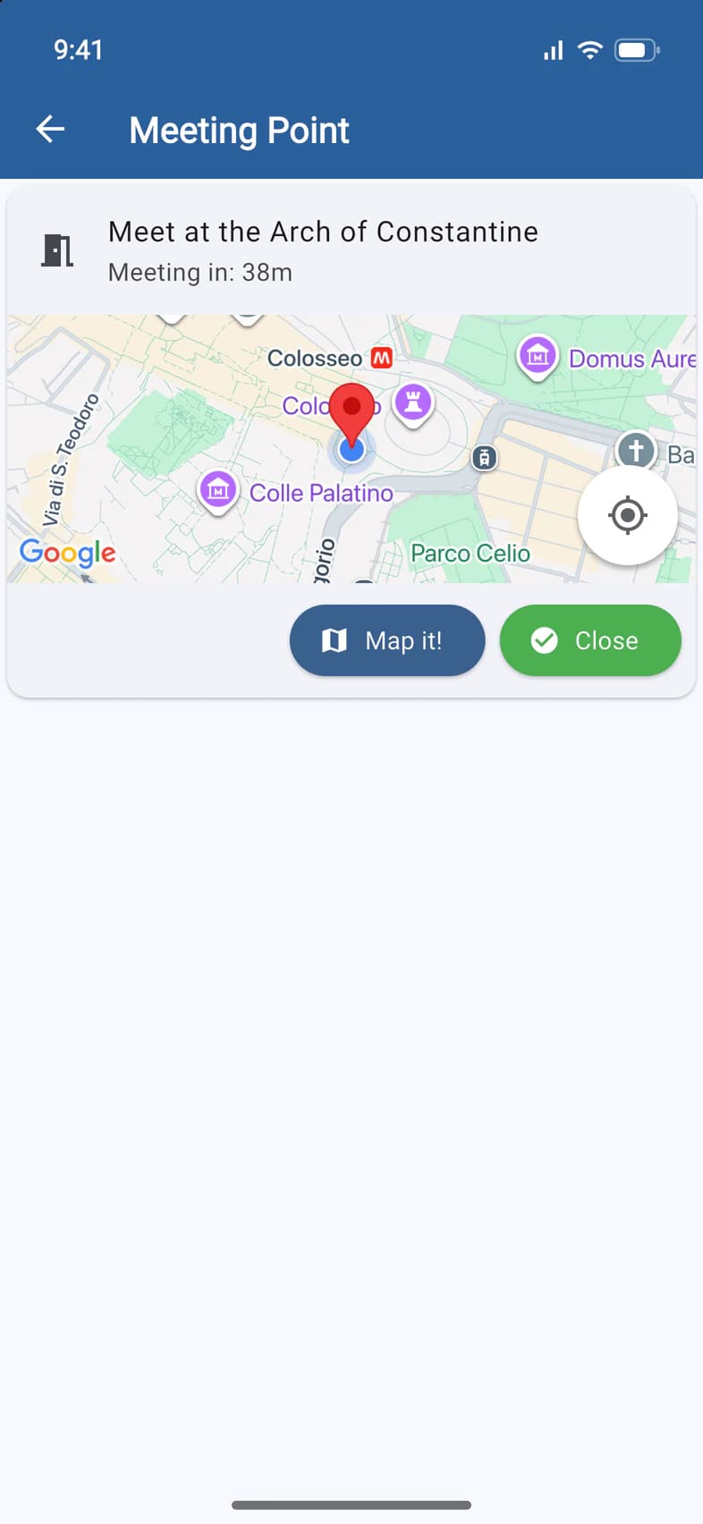 The meeting point Meet at the Arch of Constantine, Meeting in: 38m, with a map and the Map it! and Close buttons