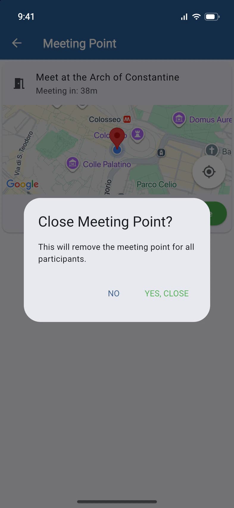 Close Meeting Point? This will remove the meeting point for all participants. NO, YES, CLOSE