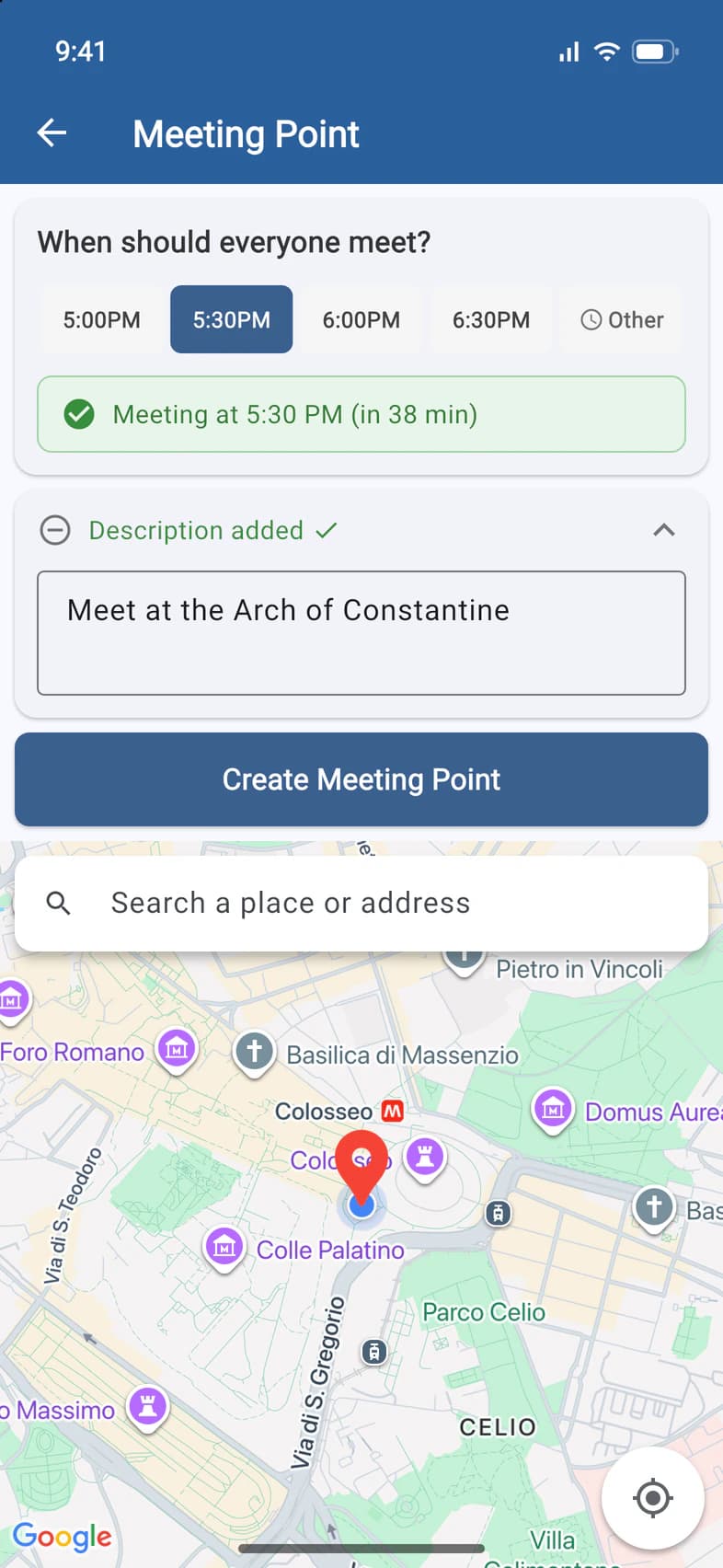 Meeting Point: 5:30 PM selected and the confirmation Meeting at 5:30 PM (in 38 min)