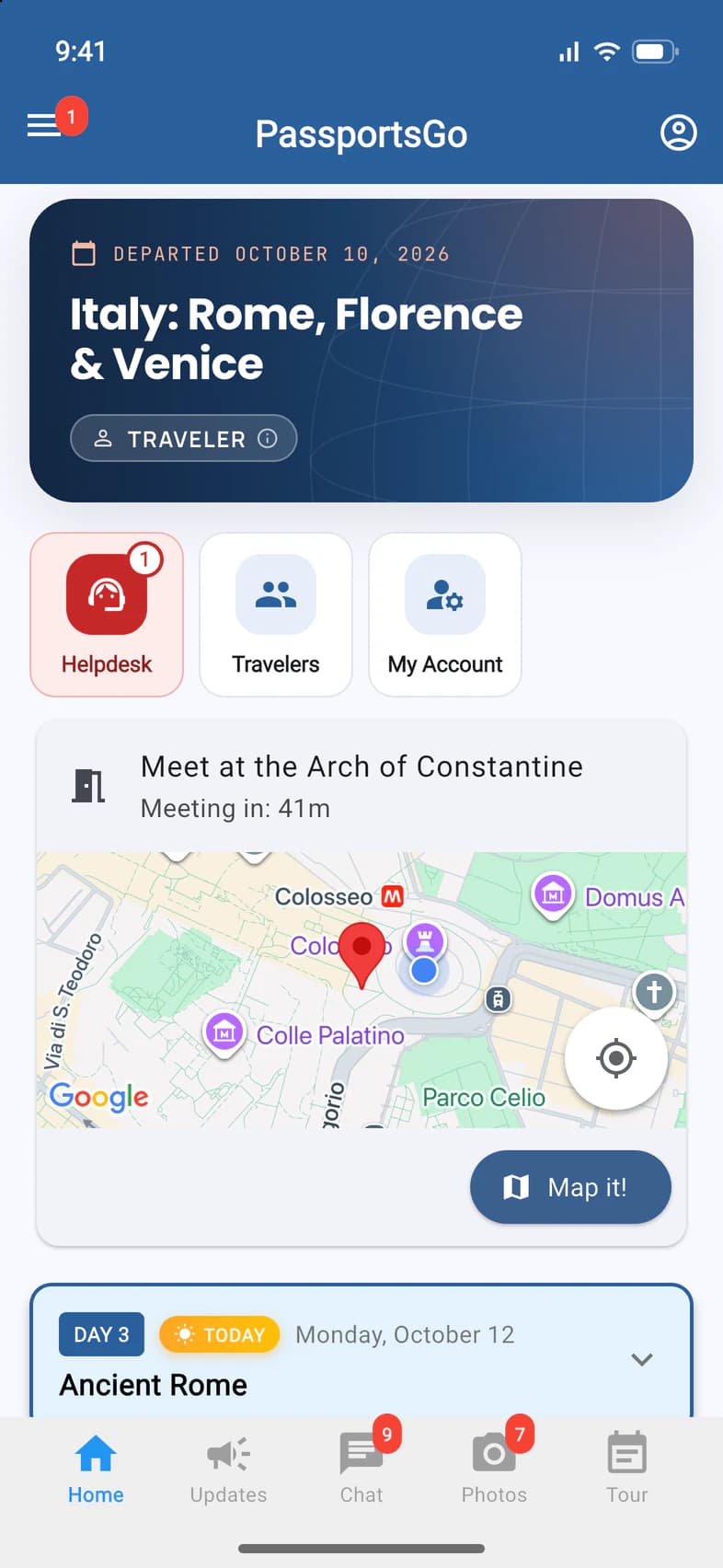 A traveler's Home: the meeting point card with its map and Map it!, above today's plan